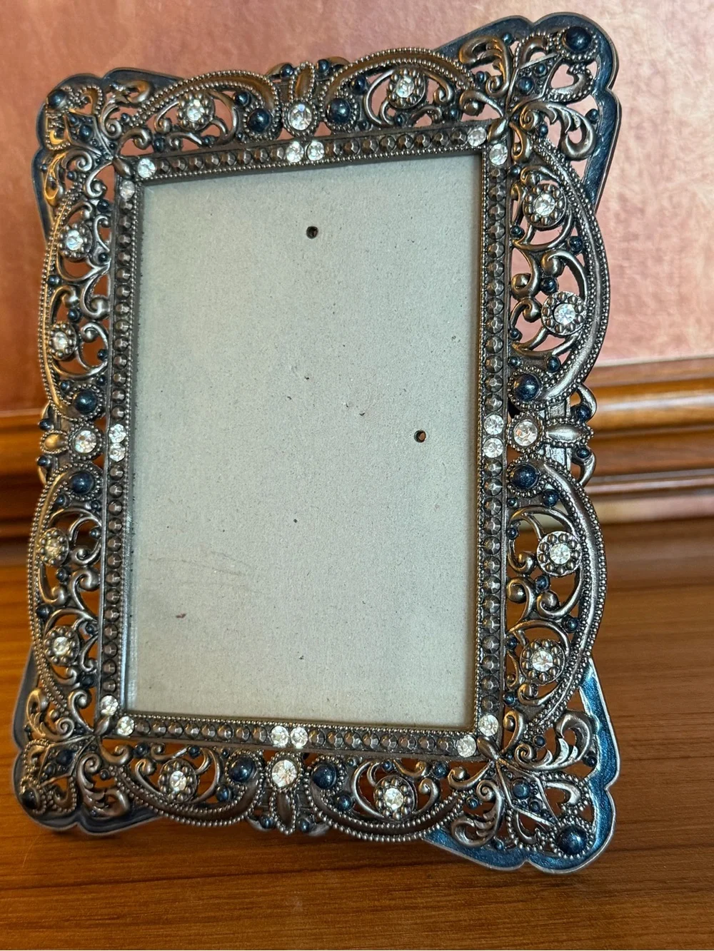 Vintage Ornate Pewter Metal Bejeweled 4x6 Picture Frame Heavy Filigree Crystals